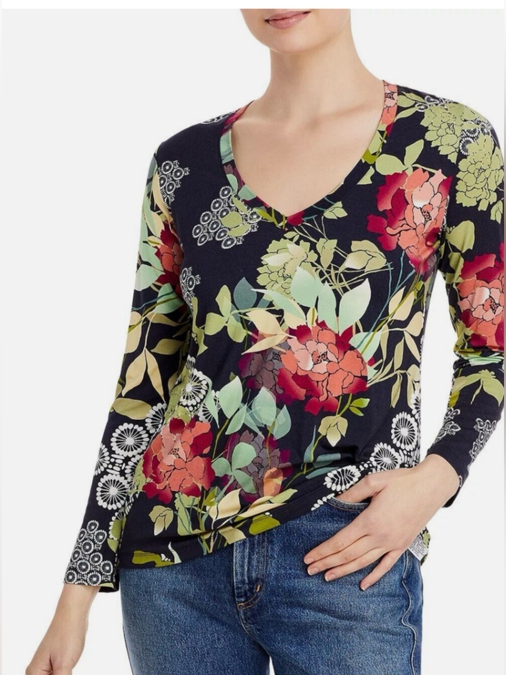 Johnny Was The Janie Favorite Long Sleeve V-Neck Tee Floral Top Size S Boho